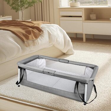 Дитяче ліжечко Homewell Baby Travel Cot, складне дитяче ліжечко з матрацом, портативний намет-ліжечко, оснащений москітною сіткою та іграшками, 90 x 50 см (у зібраному вигляді) / 45 x 50 см (складене) (сірий)