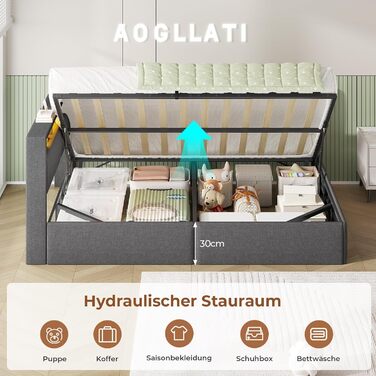 М&39яке ліжко-диван-ліжко 140x200 з USB-розетками та гідравлічним відділенням для зберігання, Ліжка 140x200 зі світлодіодним узголів&39ям та рейковою основою, Дитяче ліжко-кушетка, Двоспальне ліжко, Льняне, Темно-сірий (без матраца) 140 x 200 см Темно-сір