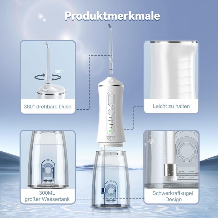 Електричний очищувач зубів Oral Irrigator JTF, іригатор для зубів і чищення язика Water Flosser 4 режими та 5 насадок, резервуар для води 300 мл і акумуляторний іригатор порожнини рота USB-C (білий)