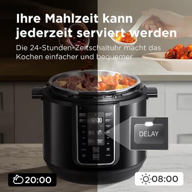 Електрична скороварка Midea 9-в-1, 12 попередніх налаштувань Миттєва мультиварка Каструля з антипригарним покриттям Йогуртоварка Рисоварка Повільна плита Пароварка Соте Пароварка Внутрішня каструля з нержавіючої сталі, 8 літрів Чорний