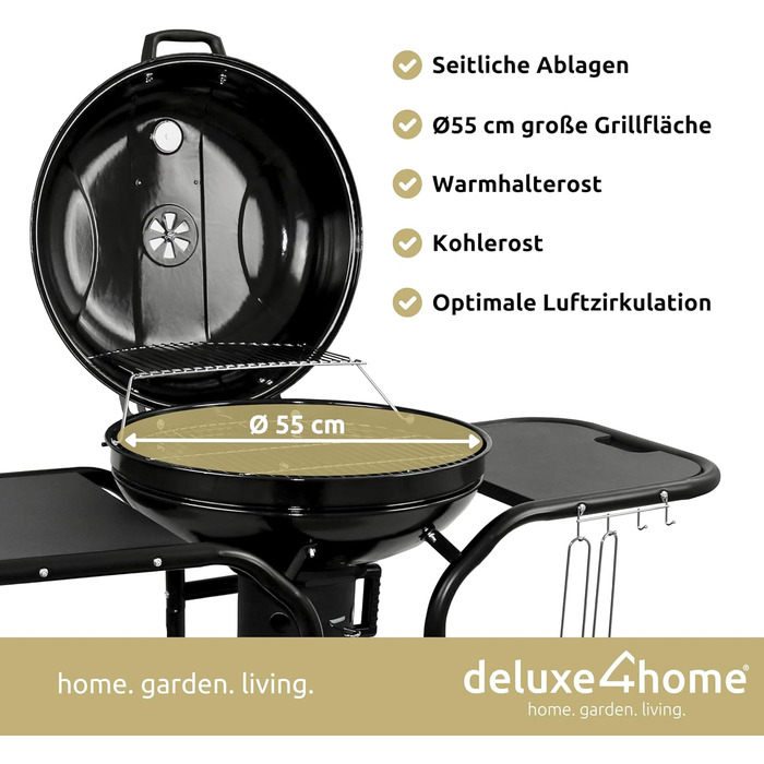 Чайник-барбекю Ø55 см з полицею I Пересувний візок для барбекю з кришкою I Решітка для барбекю на вугіллі, круглий мангал для грил