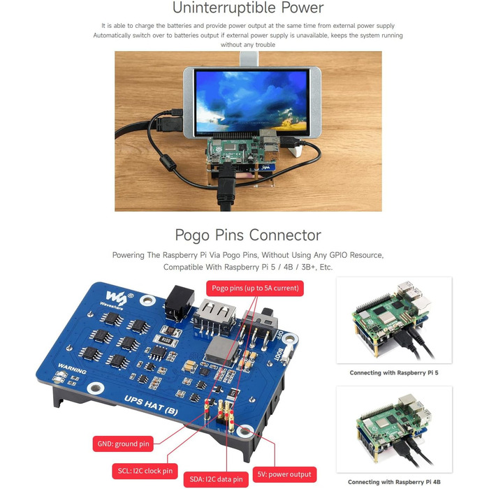 ДБЖ Waveshare HAT сумісний з джерелом безперебійного живлення Raspberry Pi 5 В Схеми захисту кількох акумуляторів Заряд і вихідна потужність одночасно (UPS HAT (B) (EU))