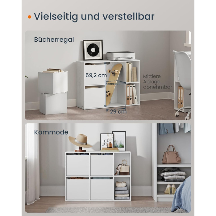 Книжкова полиця SONGMICS HOME, надшвидке складання без інструментів, технологія без інструментів, 6-рівнева полиця, окремостояча полиця, 4 шухляди з тканини, система полиць, 27 x 83 x 61,6 см, білосніжний LBC196W01, 6 рівнів (61,6 висоти см)