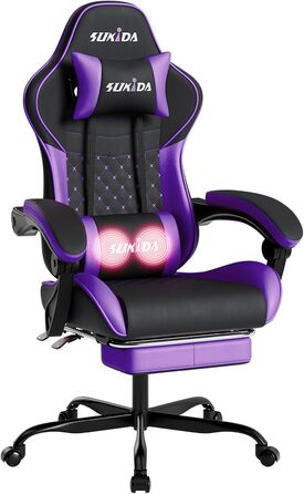 Ігрове крісло SUKIDA, ергономічне ігрове крісло з підставкою для ніг, гоночне ігрове крісло з регульованою спинкою 90-135, комп&39ютерне крісло з регульованою висотою та поперековою опорою, чорно-фіолетове