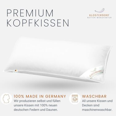 Подушка преміум-класу Klosterdorf Bedding Manufactory з трьома камерами &quotФункціональна&quot - 40x80 см - 500 грамів - Ручна робота в Німеччині - Здоровий сон - Пухова подушка, Пухова подушка, 3-камерна подушка