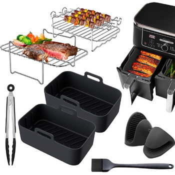 Аксесуари для фритюрниці Ranedo, аксесуари для фритюрниці для Ninja Dual AF300EU AF400EU та подвійної фритюрниці 7.6 л - 9.5 л, силіконові вставки для фритюрниці, шампури та стійка чорна