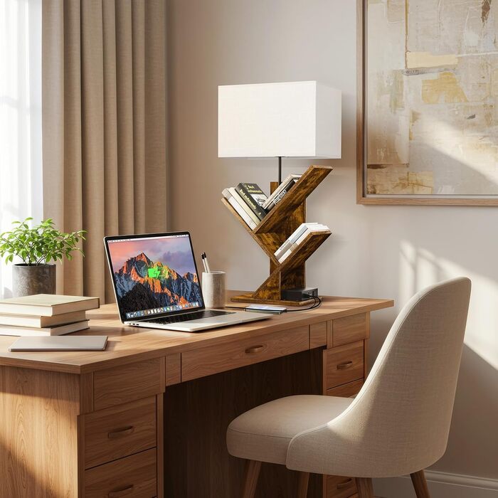 Книжкова полиця GOOGO у формі дерева з підсвічуванням та зарядною станцією, 4-рівнева окремостояча полиця для книг та компакт-дисків, 3 колірні температури, настільна книжкова полиця для вітальні, спальні та домашнього офісу (коричнева)