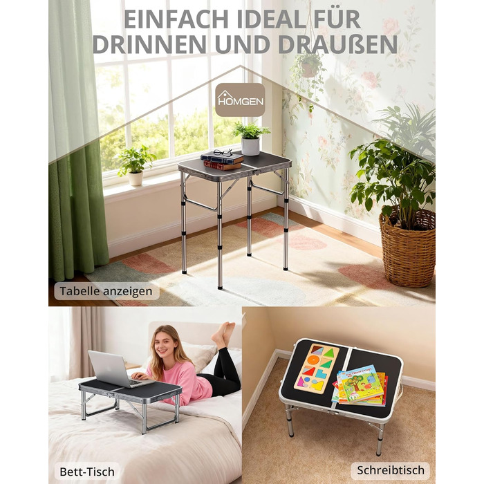 Складаний стіл для пікніка HOMGEN 58x40 см, регульована висота у 3 напрямках, розкладний стіл, стіл для пікніка, балкон, стіл для барбекю, садовий стіл, кемпінговий стіл, легкий та портативний для активного відпочинку, балкону, саду - чорний