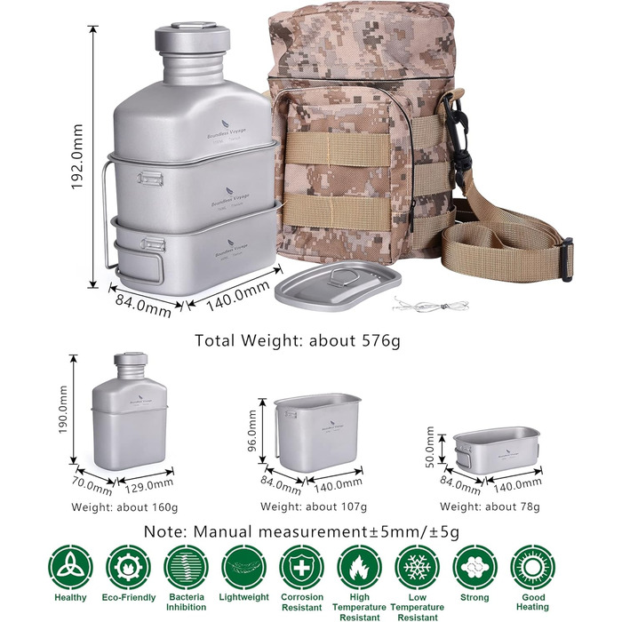 Набір титанових фляг iBasingo, найлегший військовий посуд, пляшка для води на 1100 мл, каструля на 750 мл та 400 мл з кришкою, підвісний сталевий трос та камуфляжна сумка, посуд для кемпінгу, походів на природі Ti2049C