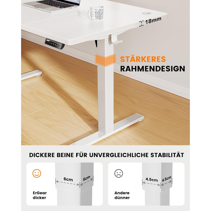 Стіл ErGear з регулюванням висоти - 160 x 80 см, вантажопідйомність 100 кг, електричний стіл з удосконаленим безщітковим двигуном, тиха робота, міцний металевий каркас, чотирисекційна стільниця 160 x 80 см, білий колір