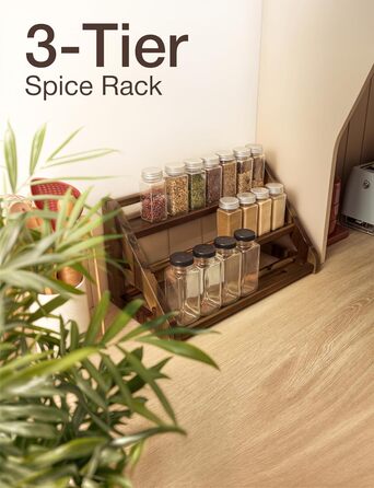 Стійка для спецій Tinamo з акації, 3-рівнева підставка для спецій для стільниці або шафи, кухонний органайзер для спецій та полиця для органайзера для спецій (горіх)