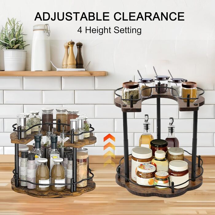 Підставка для спецій, обертовий органайзер для кухонної полиці, 2-рівнева, дерев&39яна підставка для спецій, стояча, підставка для спецій на кухонній стільниці, обертова кутова полиця &quotlazy Susan&quot, 3 регульовані по висоті для кухонної стільниці та