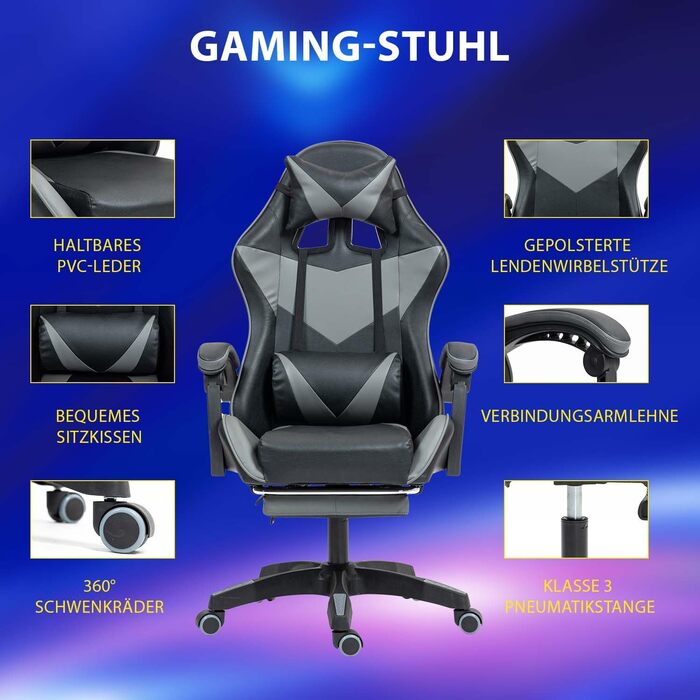 Ігрове крісло з підставкою для ніг, ігрове крісло для дорослих, комп&39ютерне крісло з поперековою опорою, підголівником, офісне крісло з регульованою висотою, чорнийсірий з підставкою для ніг чорнийсірий