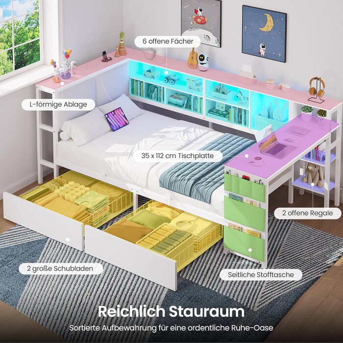 Диван-ліжко зі світлодіодним освітленням та зарядною станцією, дитяче ліжко 90x200 см зі столиком 35x112 см та двома великими шухлядами, ліжко 90x200 з кушеткою та м&39яким узголів&39ям, білий колір