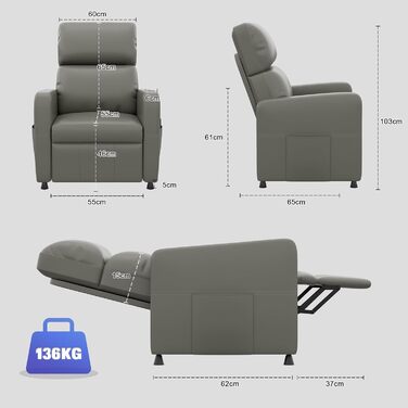 Крісло-реклайнер JUMMICO Recliner для телевізора з функцією відкидання, електрично регульоване, з штучної шкіри, для вітальні, спальні, домашнього кінотеатру (сіро-зелене)