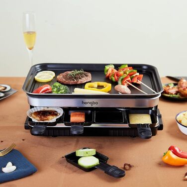 Раклетний гриль на 8 осіб з антипригарним покриттям, раклет з 8 міні-сковородами для раклету та 4 дерев'яними лопатками, плавно регульована температура, 1500 Вт, нержавіюча сталь 8 осіб