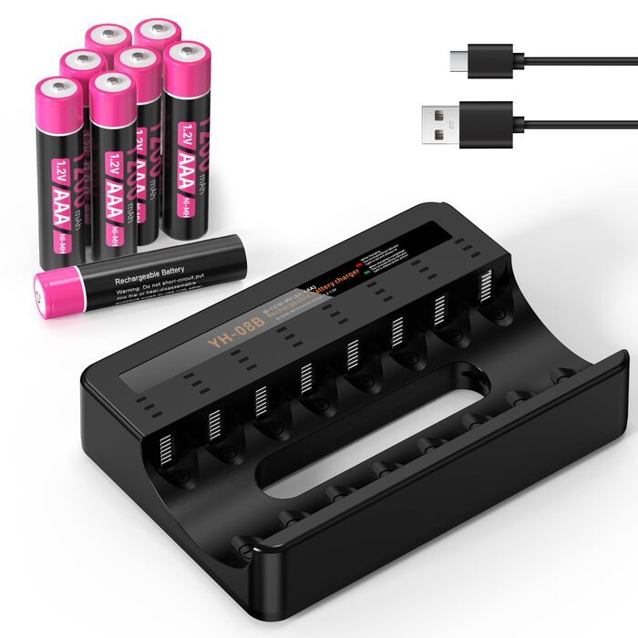 Акумуляторні батареї AAA Ni-MH, 8 акумуляторних батарей AAA з 8 зарядними пристроями для швидкої зарядки, для батарей Ni-MH AA/AAA, 8 слотів для зарядки 8 AAA