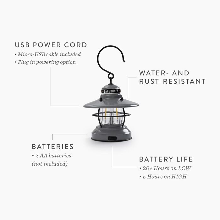 Міні-ліхтар Barebones Edison вінтажний світлодіодний вуличний ліхтар із регулюванням яскравості компактний, всепогодний вуличний світильник для походів, кемпінгу, риболовлі та домашнього декору (сланцево-сірий)