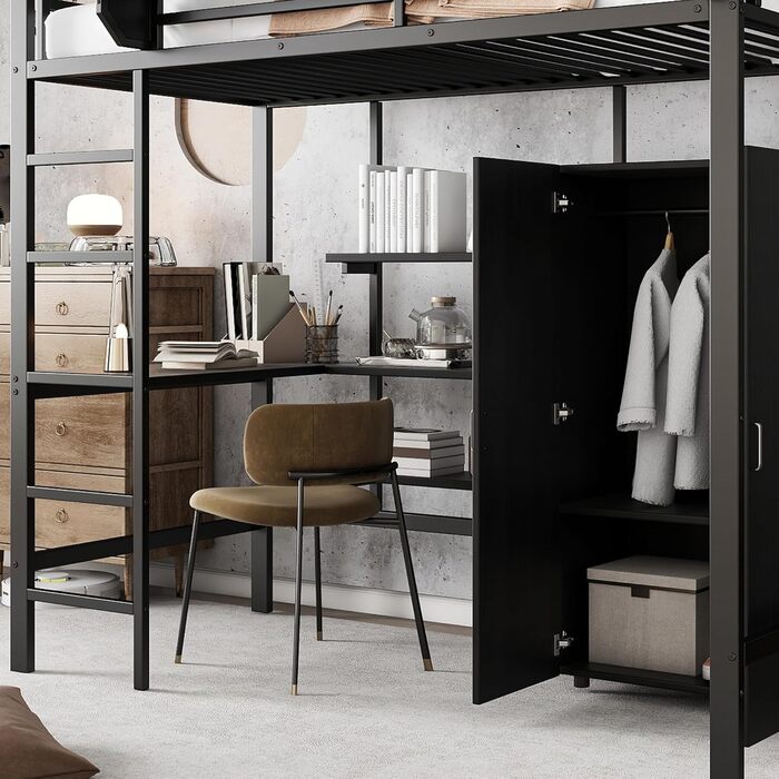 Ліжко-горище Merax 90x200 см з письмовим столом, шафою та полицею для зберігання, міцне металеве двоярусне ліжко з рейковою основою та захисними поручнями, компактне дитяче ліжко-горище, дитяче ліжко-горище, чорне 90 x 200 см, чорне - зі столом та шафою