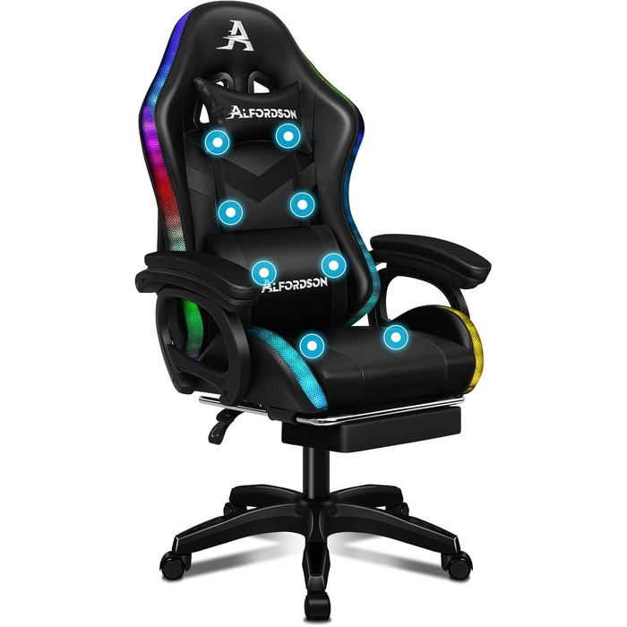 Ігрове крісло ALFORDSON з 8-точковим масажем, 12-кольорове RGB-світлодіодне підсвічування, ергономічне офісне крісло з підставкою для ніг, підголівником та поперековою подушкою для дітей та дорослих, чорне Marc - Black Series Marc