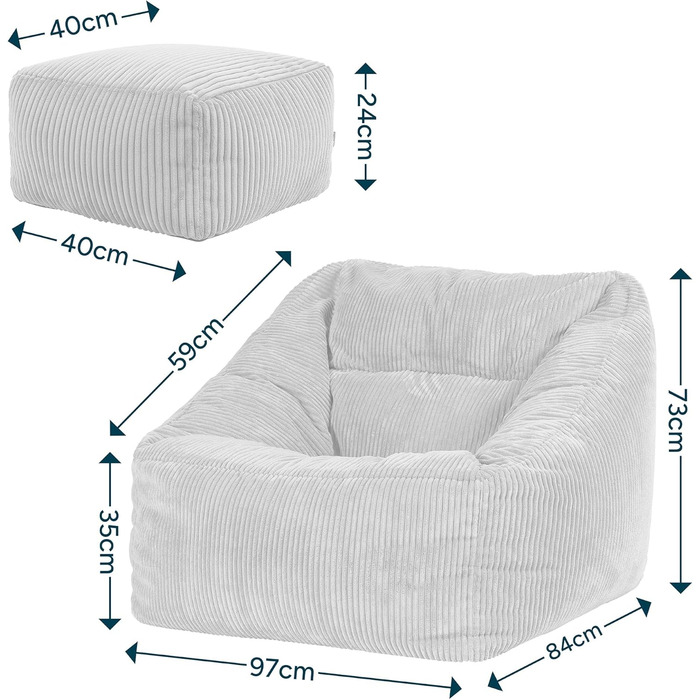 Крісло-мішок Icon Natalia з пуфом для ніг для дорослих, бежевий, пухнаста вельветова тканина, гігантське вельветове крісло-мішок з наповнювачем, зручне крісло для вітальні, кімнати відпочинку, спальні, офісу, бежеве гігантське крісло-мішок пуф для ніг