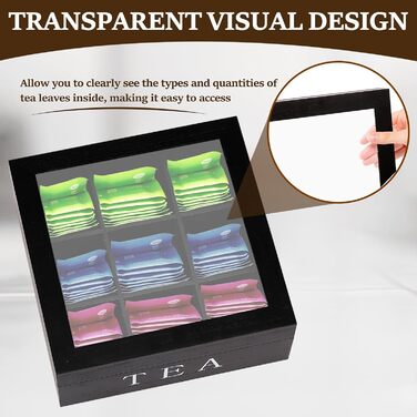 Чайна коробка, коробка для чайних пакетиків з 9 відділеннями, дерев&39яна ємність для чаю, елегантна коробка для зберігання чаю, бляшанка з прозорою кришкою-віконцем для зберігання чаю з захистом від аромату (чорна)