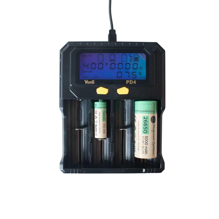 Універсальний зарядний пристрій для літій-іонних (Li-ion) та нікель-металгідридних (Ni-MH) акумуляторів - функція тестування акумулятора - РК-дисплей, USB-кабель - додатково батарейки (вкл. 4 шт. AA/Mignon)