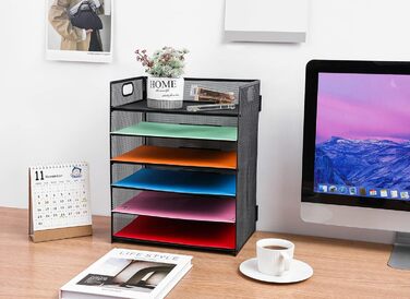 Рівневий органайзер для листів, металевий сітчастий настільний органайзер, сортувальник паперу для листів/папок A4 (чорний) Чорний, 6 рівнів, 6-