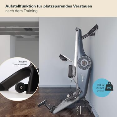 Домашній гребний тренажер Skandika Freki, 24 рівні опору, 19 програм тренувань, маховик 12 кг, магнітний опір, студійна якість, РК-дисплей, Kinomap, окремостоячий, низьке обслуговування, до 135 кг, синій/сірий плюс