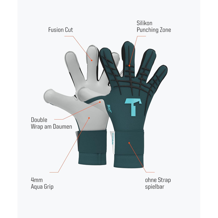 Воротарські рукавички T1TAN Beast без захисту пальців для дорослих, унісекс футбольні рукавички, професійна рукоятка 4 мм - різні розміри та кольори Petrol Beast 3.0 10