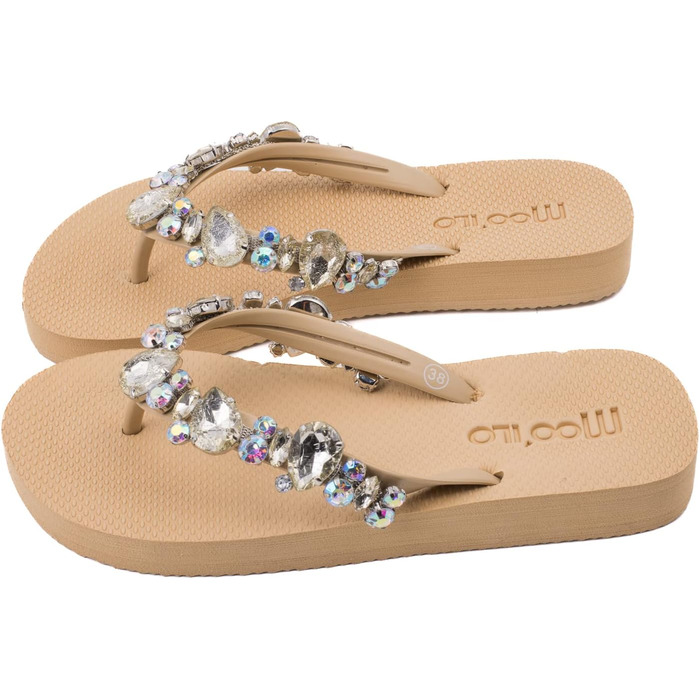 Бежевий - Жіночі літні шльопанці-шльопанці mooilo з бежевими стразами (вишиті вручну) - Ультрам&39яка підошва - Дизайн, зроблено в Німеччині, розмір 40 EU, Бежевий