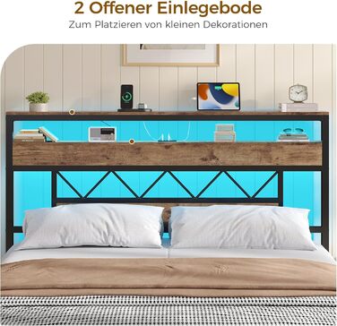 Ліжко 140x200 зі світлодіодним освітленням, каркас ліжка 140x200 з металевою рейковою основою, металеве ліжко з розеткою, дерев&39яне узголів&39я з 2 відкритими полицями, місце для зберігання речей під ліжком, спальня, вінтажний коричневий 140 x 200 см