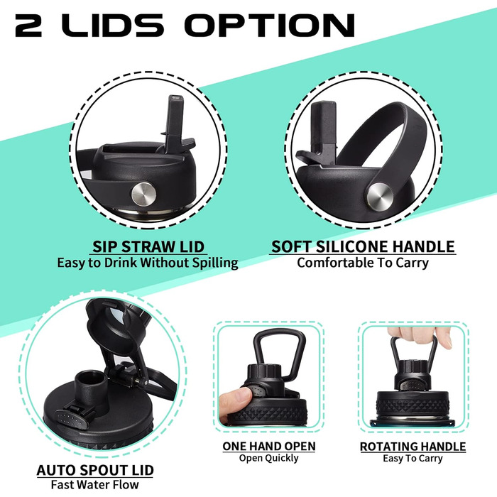 Пляшка для води з нержавіючої сталі об'ємом 1,8 л - з паракордовою ручкою, соломинкою та кришкою з автоматичним відкриванням, напл