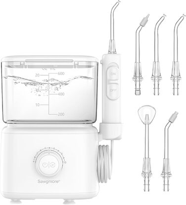 Іригатор порожнини рота Sawgmore, електричний очищувач міжзубних проміжків з 10 регульованими рівнями тиску, ємність 600 мл, іригатор порожнини рота з 5 багатофункціональними насадками для дому (білий)