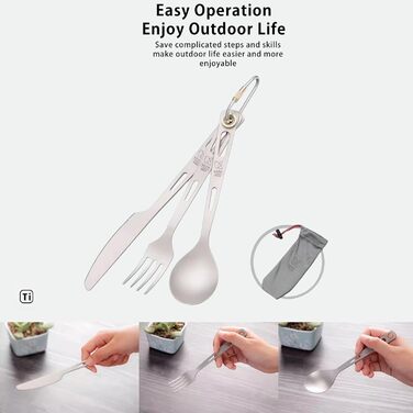 Набір столових приборів KEITH Titanium 3-в-1 для кемпінгу, ложка, виделка, ніж, із сумкою для зберігання