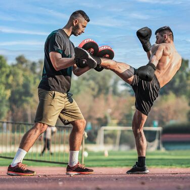 Накладки RDX для бойових мистецтв, боксу, тренувань змішаних бойових мистецтв, шкіра майя, боксерські лапи, лапи для ударів, кікбоксинг, білий/чорний, тренажерні лапи, лапи для ударів руками, боксерський лап, ударні подушки для тхеквондо та муай-тай, біли