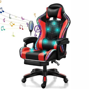 Ігрове крісло для відеоігор зі світлодіодним підсвічуванням, ергономічне професійне з повною масажною поперековою опорою та Bluetooth-динаміком, комп&39ютерне крісло з висувною підставкою для ніг та регульованою спинкою, червоне