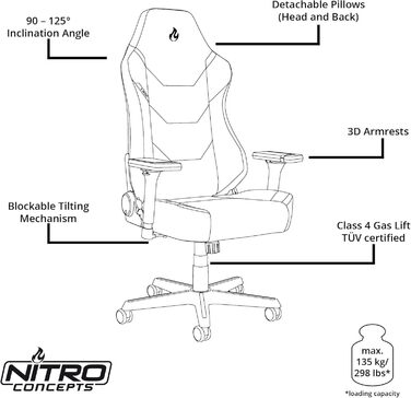 Ігрове крісло NITRO CONCEPTS X1000, ергономічне офісне крісло, обертове стільце з колесами, ігрове крісло, комп&39ютерне крісло з тканинним чохлом, вантажопідйомність 135 кг - чорне/червоне, стандартне