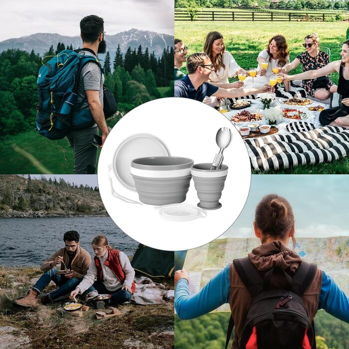 Набір посуду для кемпінгу Odoland, що включає складну силіконову миску та дорожню кружку з кришкою, ложку для салату з нержавіючої сталі для походів, активного відпочинку, кемпінгу, піших прогулянок та пікніків