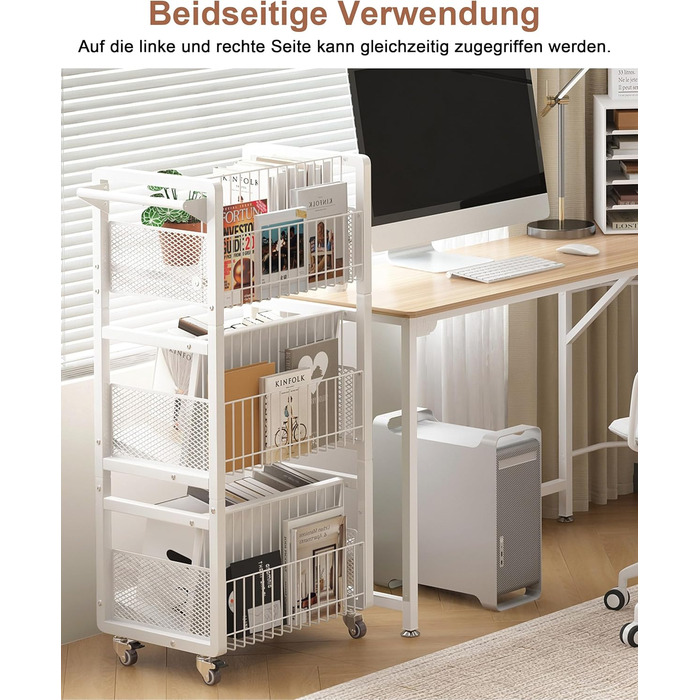 Металевий книжковий візок на колесах, вантажопідйомність 70 кг, бібліотечний візок з ручкою, 3 полиці, книжкова шафа на колесах для вітальні, спальні, офісу, бібліотеки з 3 магнітними підставками для книг білий