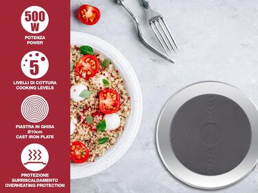 Електрична варильна плита з чавуну/нержавіючої сталі, 5 рівнів горіння, одинарна плита, кемпінгова плита з пластиною 10 см, 500 Вт, 101PIA003 -