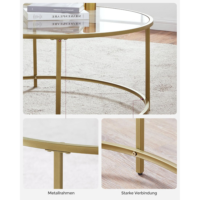 Круглий журнальний столик VASAGLE, стіл для вітальні зі сталевим каркасом, журнальний столик, бічний столик, золотий LGT21G золотистого кольору