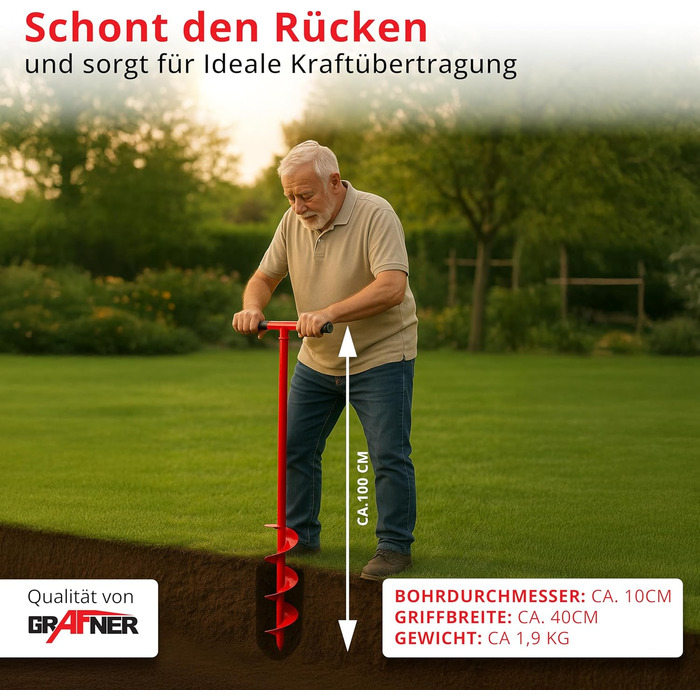 Бурильний пристрій Grafner для свердління отворів до Ø 100 мм, надміцний, зі сталі, з великим шнеком, антиковзними ручками, ідеально підходить для встановлення стовпів парканів, посадки дерев, кущів та рослин, бури для землі
