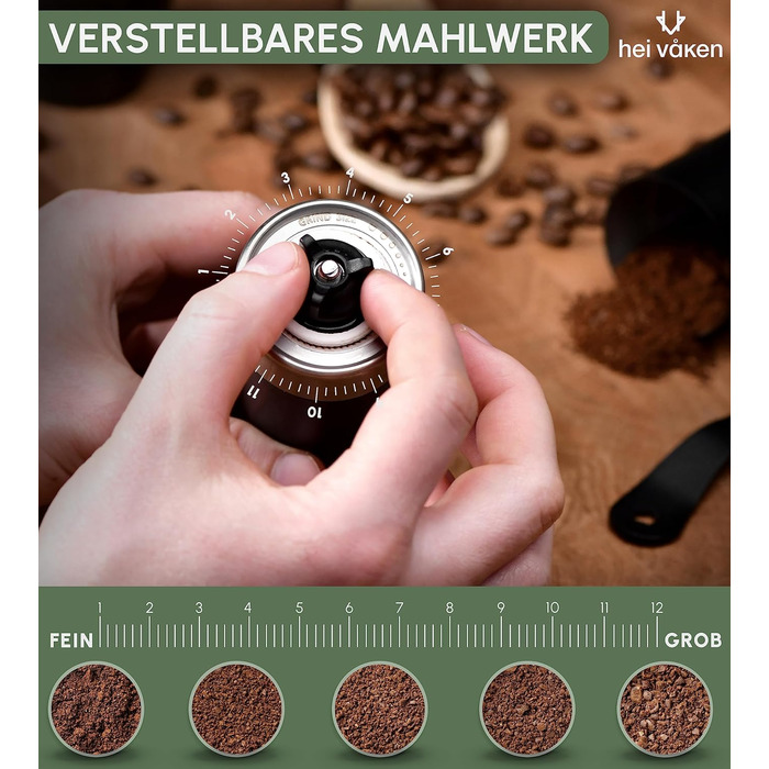 Ручна кавомолка HEI Vken з конічною кавомолкою - Регульований помел - Ручна кавомолка з нержавіючої сталі для дому та в дорозі