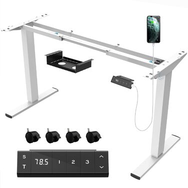 Каркас столу JUMMICO з регульованою висотою, USB-портом та кабельним лотком, електрично регульований каркас столу з колесами, стіл для роботи стоячи (білий)