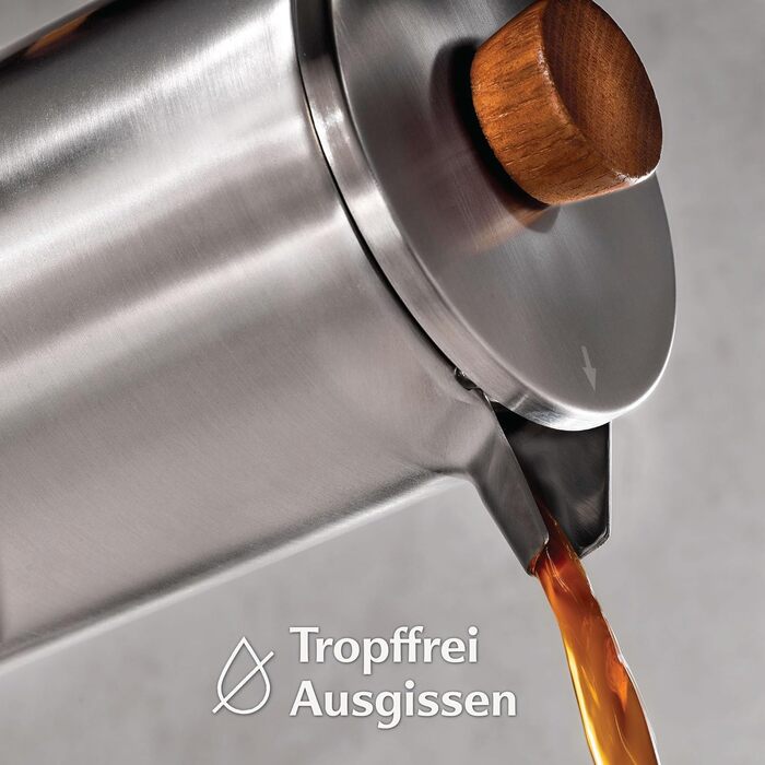 Френч-прес Cosumy з нержавіючої сталі та деревини FSC - 1 літр - Двостінна теплоізоляція - Велика кавоварка з 2 змінними фільтрами