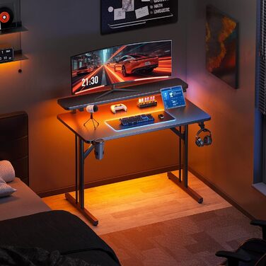 Ігровий стіл ODK, Невеликий ігровий стіл зі світлодіодним освітленням, Комп&39ютерний стіл 80 см з полицею для монітора, Чорний стіл для ПК з вуглецевого волокна 80 см