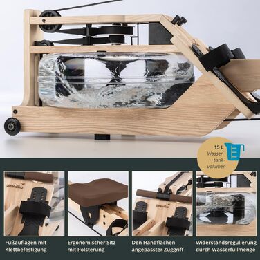 Водний гребний тренажер преміум-класу Skandika Styrke Зроблено в Німеччині, дерев&39яний водний гребний тренажер, функція застосунку Kinomap, домашній гребний тренажер, масив ясена з Німеччини, природний досвід веслування, до 180 кг, арктично-білий, корич