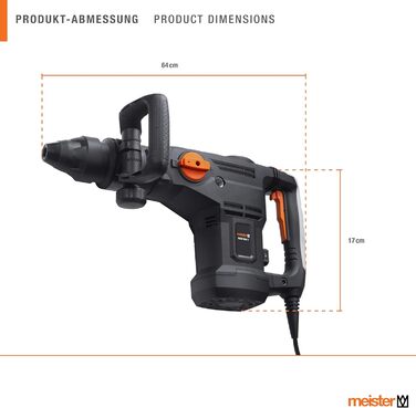 Відбійний молоток Meister 1600 Вт, MAH1600-1 - патрон SDS-Max - енергія удару 25 Дж - антивібраційна рукоятка - з плоским та гострим зубилом/відбійним зубилом у кейсі/зубило/молоток / 5453050 MAH1600-1 1600 Вт