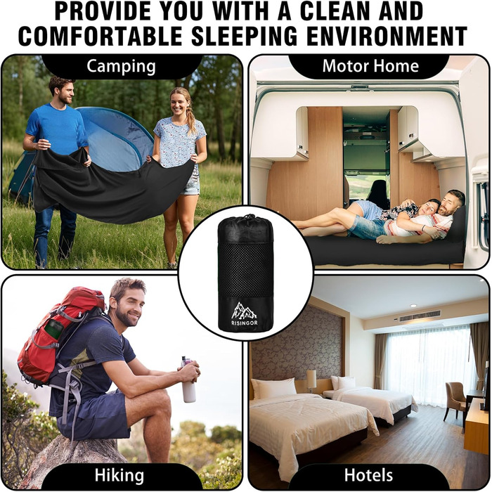 Бавовняна підкладка для спального мішка, надлегкий дорожній спальний мішок, дорожній спальний мішок із двосторонньою блискавкою, підкладка для спального мішка з мікрофібри з кишенею для подушки для кемпінгу та походів, чорний